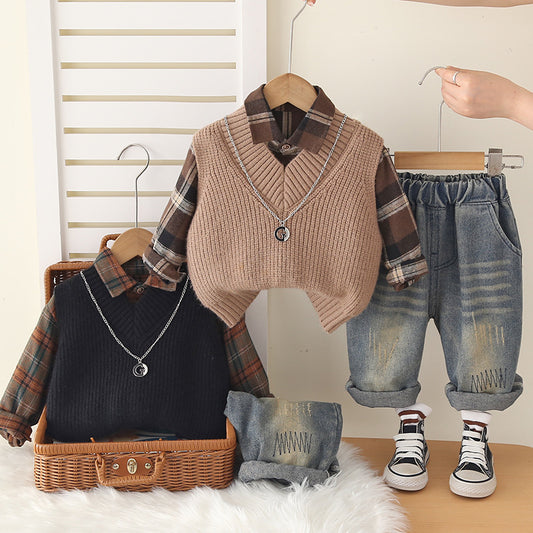 Boys Plaid Shirt Vest Trousers Set